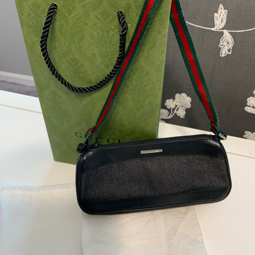 Gucci Sherry Web Denim Pouchette Mini Bag Leather Black EXC.